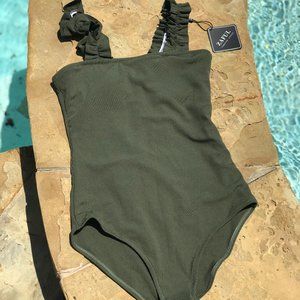 Ribbed Frilled Square Neck One-piece Swimsuit